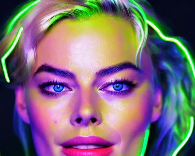 Image similar to margot robbie as neon light art, hyper detailed, award winning