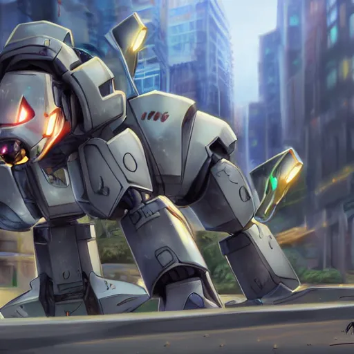 Image similar to highly detailed cinematic shot of a mecha canine, charging through city, digital art, furry art, furaffinity, deviantart, dragon art