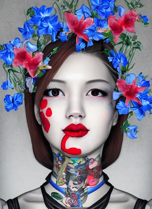 Prompt: Female robot, Asian, with red hair, black eyes, blue lips, wearing a grid of flowers, with a tattoo on her head photorealism