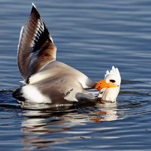 Image similar to seagull with hot dog hanging out of beak.