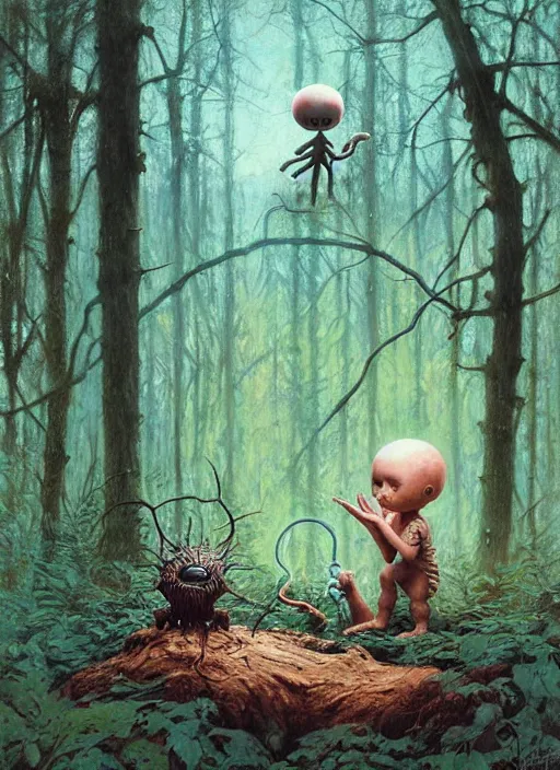 Image similar to cute alien in the woods by a river gorgeous lighting, lush forest foliage blue sky a hyper realistic painting by chiara bautista and beksinski and norman rockwell and greg rutkowski, tom bagshaw weta studio, and lucasfilm