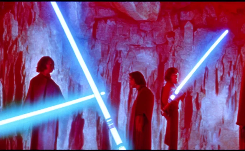 Image similar to screenshot of a crystal cave red gemstones, jedi master Luke Skywalker stands in the center of the red cave with his blue lightsaber, iconic scene from the 1970s thriller film directed by Stanely Kubrick film, color kodak, ektochrome, anamorphic lenses, detailed faces, moody cinematography