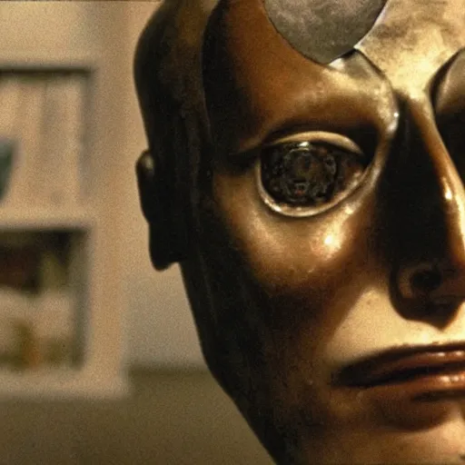 Prompt: Possession (1981) by Andrzej Żuławski, movie still, robot head and man head