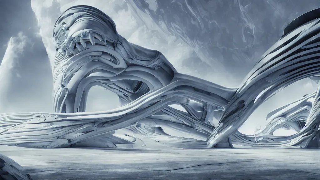 Prompt: a movie still 4 k uhd 3 5 mm film color photograph, wide angle view of a building on the side of a cliff, clean white futuristic xenomorph architecture, inspired by hr giger, zaha hadid, highly detailed, artistic composition, sharp focus, intricate concept art, digital painting, colorful flat surreal design, dramatic lighting