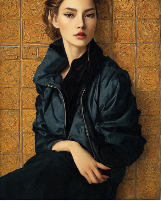 Image similar to a ultradetailed beautiful panting of a stylish woman sitting on the floor in a tiled room, she is wearing an oversized jacket, night time, highly detailed face, oil painting, by tran nguyen