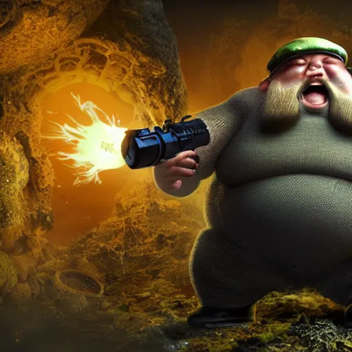 Image similar to highly detailed octane render of a short ugly fat man with a giant beard, holding a grenade launcher, wearing battle armour, goggles and a safety hat whilst laughing at a green mushroom cloud surrounded by dead insects in a cave