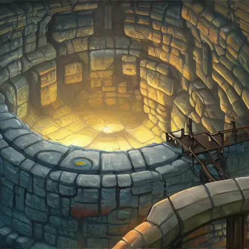 Image similar to a cylindrical pit in the ground with a city inside, painting by Tyler Edlin