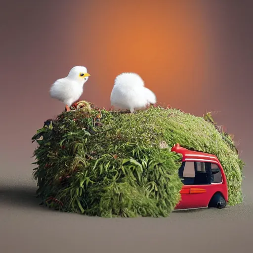 Image similar to long shot of a cute fluffy furry chick nesting in a playmobil car, by esao andrews, by m. w. kaluta, humorous illustration, hyperrealistic, tilt shift, warm colors, night scenery, low light, 3 d octane render, 4 k, volumetric lights, smooth, cosy atmosphere, conceptart, hyperdetailed, trending on deviantart