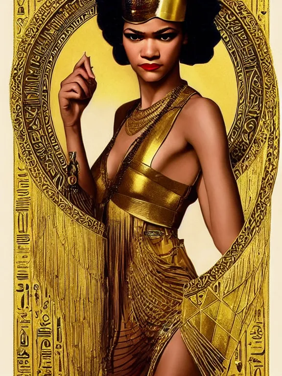 Image similar to Zendaya as Isis the Egyptian goddess, a beautiful art nouveau portrait by Gil elvgren, Nile river environment, centered composition, defined features, golden ratio, intricate gold jewelry