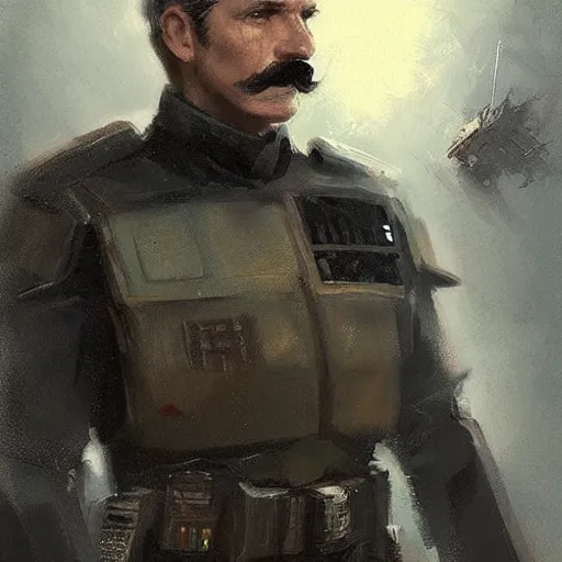 Image similar to portrait of a man by greg rutkowski, british features, short black hair in military style, moustache, tall, star wars expanded, universe, he is about 5 0 years old, wearing imperial captain uniform, artstation hq