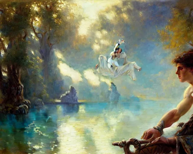 Image similar to attractive male wizard casting powerful water spell in a beautiful lake. highly detailed painting by gaston bussiere, craig mullins, j. c. leyendecker 8 k