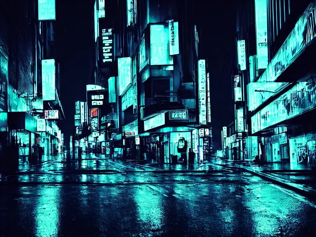 Image similar to rainy cyberpunk downtown city street in dark night time, neon lights glow, black sky