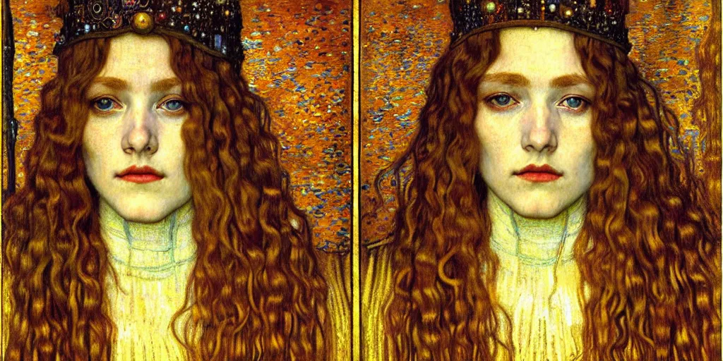 Image similar to detailed realistic beautiful young medieval queen face portrait by jean delville, gustav klimt and vincent van gogh, art nouveau, symbolist, visionary, gothic, pre - raphaelite, muted earthy colors, desaturated