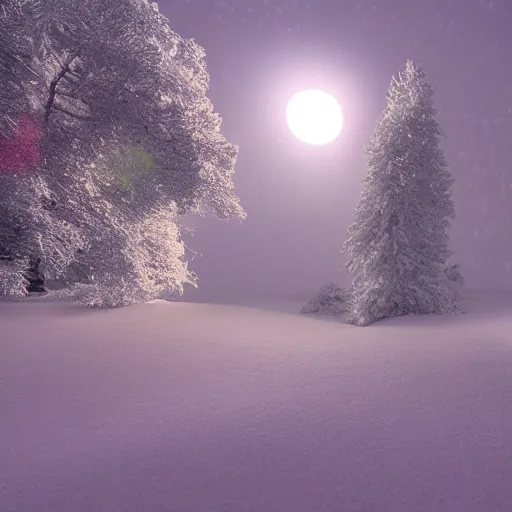 Image similar to landscape, dramatic lighting, octane render, volumetric lighting, artbreeder, snowy rainbow woods at night