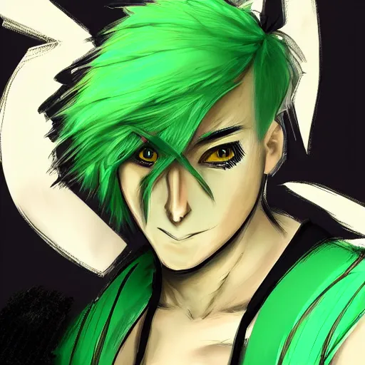Prompt: Concept art of a man with green hair, with pupils that look like clocks, trending on artstation, anime