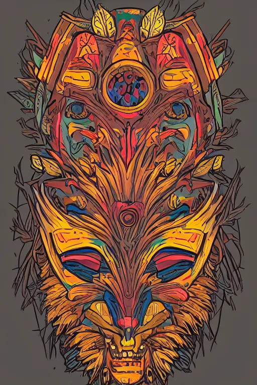 Image similar to animal mask totem roots flower tribal feather gemstone plant wood rock shaman vodoo video game vector cutout illustration vivid multicolor borderlands comics by josan gonzales and dan mumford radiating a glowing aura