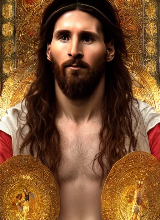 Image similar to portrait lionel messi as jesus, full length shot, shining, 8 k highly detailed, sharp focus, illustration, art by artgerm, mucha, bouguereau