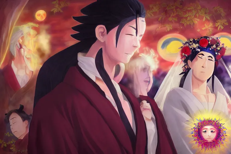 Image similar to a cinematic portrait of wedding photograph jpeg close up moment of a divine a japan sun god and moon goddess lovers magician at a wedding banquet. portraiture. digital painting. artstation. concept art. wedding photo. digital painting. naruto the movie art masterpiece by art by krenz cushart