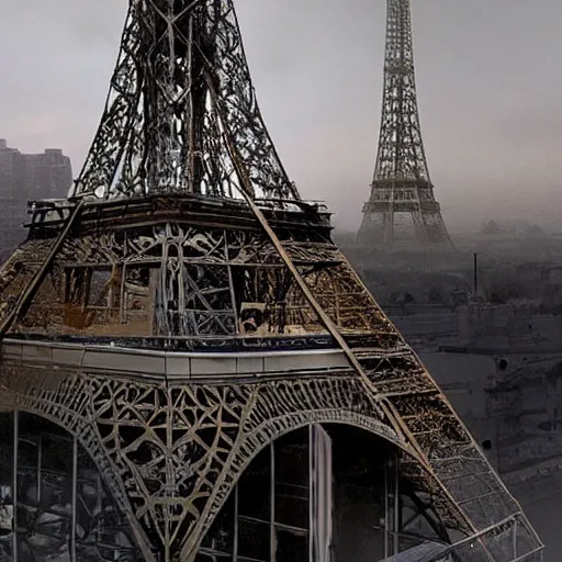 Image similar to A beautiful intricate 8K award-winning cinematic movie photograph of the future Eiffel Tower, destroyed and decaying, hidden by billboards. in the year 2043, by Bruno Delbonnel and greg rutkowski. Arri Alexa 65, IMAX 70mm footage