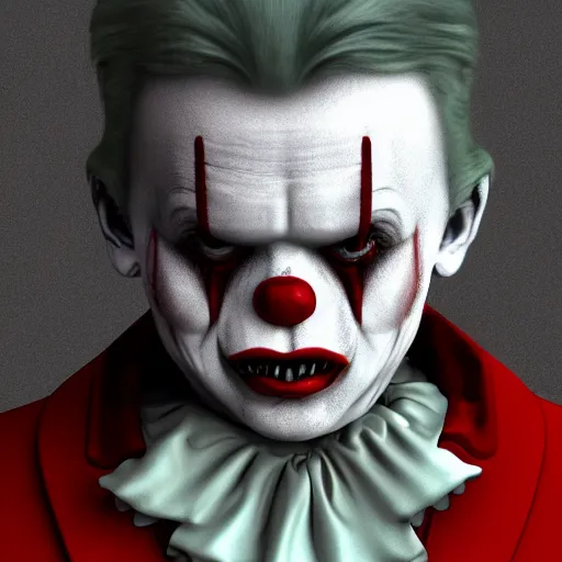 Image similar to illustration of a vampire clown, disturbing, cinematic, Arnold render