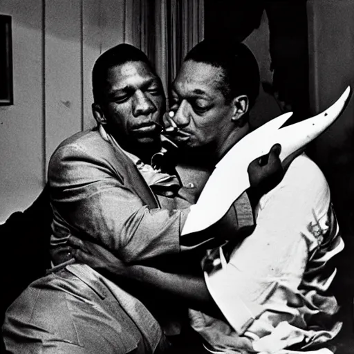 Prompt: john coltrane hugging and kissing a hammerhead shark