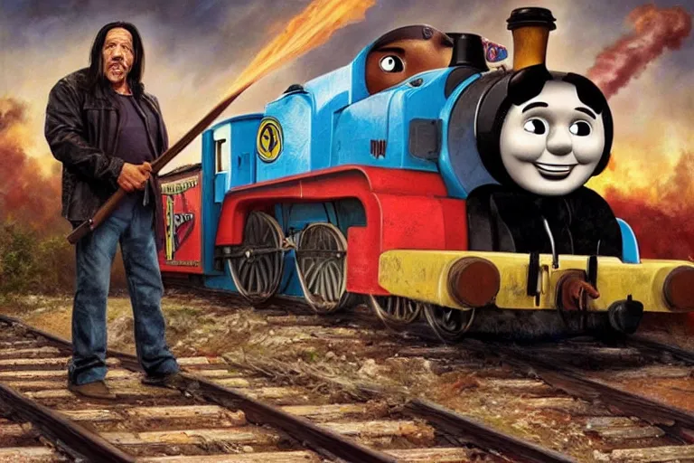 Image similar to danny trejo with a machete on the train tracks withthomas the tank engine, an oil painting by ross tran and thomas kincade