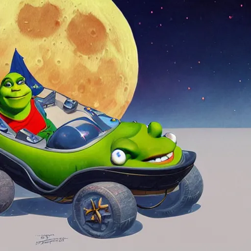 Prompt: shrek travels to the moon in a car, highly detailed, digital painting, artstation, concept art, smooth, sharp focus, illustration, art by artgerm and greg rutkowski and alphonse mucha