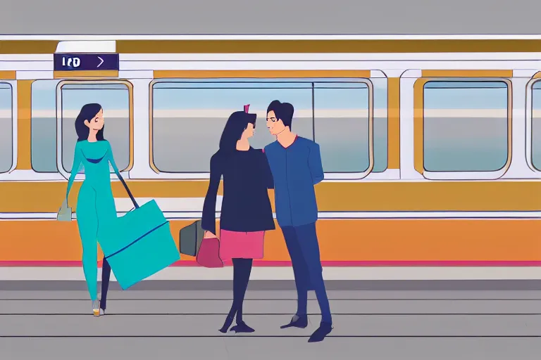 Prompt: vfx movie couple in a train station flat color profile