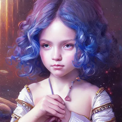 Image similar to a little girl with short wavy curly light brown hair and blue eyes, a space empress in byzantine style. beautiful highly detailed face, painting by artgerm and greg rutkowski and ilya kuvshinov.