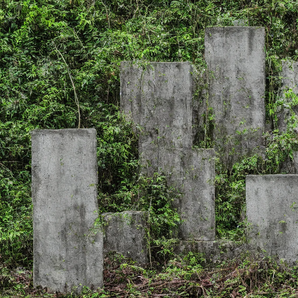 Prompt: Realistic abandoned concrete monument, overgrown rainforest plants and trees, overcast, long shot, Sigma 100mm