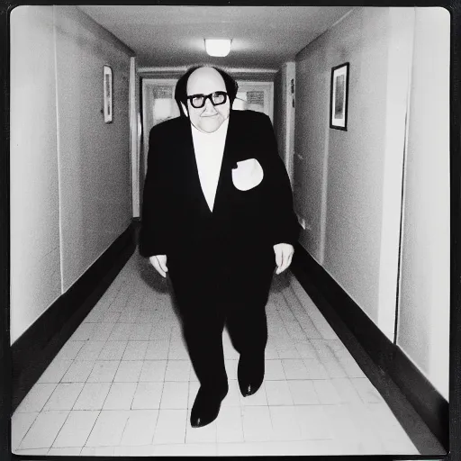 Image similar to A creepy polaroid photo of Danny Devito chasing you down a hallway