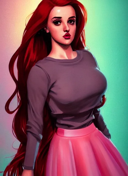 Image similar to full body portrait of teenage cheryl blossom, bangs, green eyes, sultry expression, red hair, sultry smirk, bangs and wavy hair, pink skirt, bangs, intricate, elegant, glowing lights, highly detailed, digital painting, artstation, concept art, smooth, sharp focus, illustration, art by wlop, mars ravelo and greg rutkowski