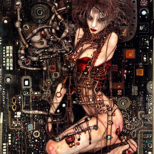 Image similar to depraved cybernetic vampire trapped in circuitry, intricate detail, klimt, miro, royo, whealan,