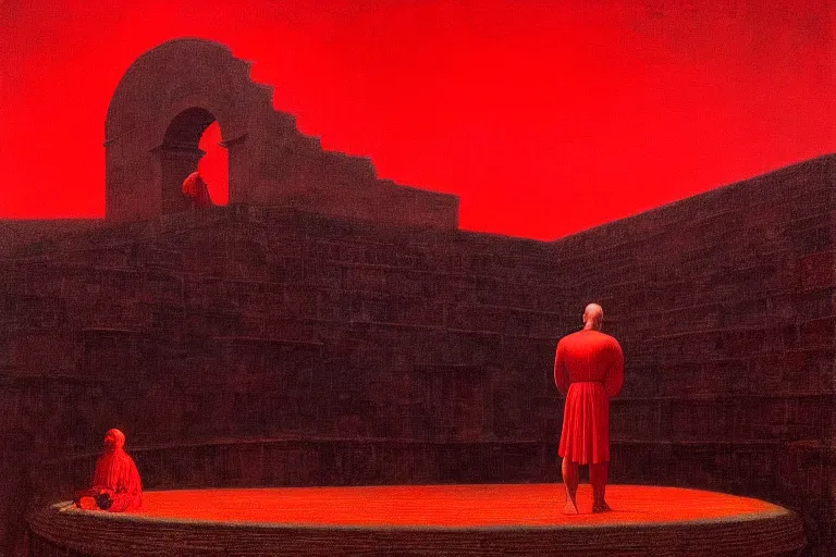 Image similar to only with red, a red melted emperor, taormina amphitheatre, crowd hails him happy, in the style of beksinski, parts by edward hopper, parts by rodcenko, parts by yue minjun, intricate and epic composition, red by caravaggio, insanely quality, highly detailed, masterpiece, red light, artstation, 4 k