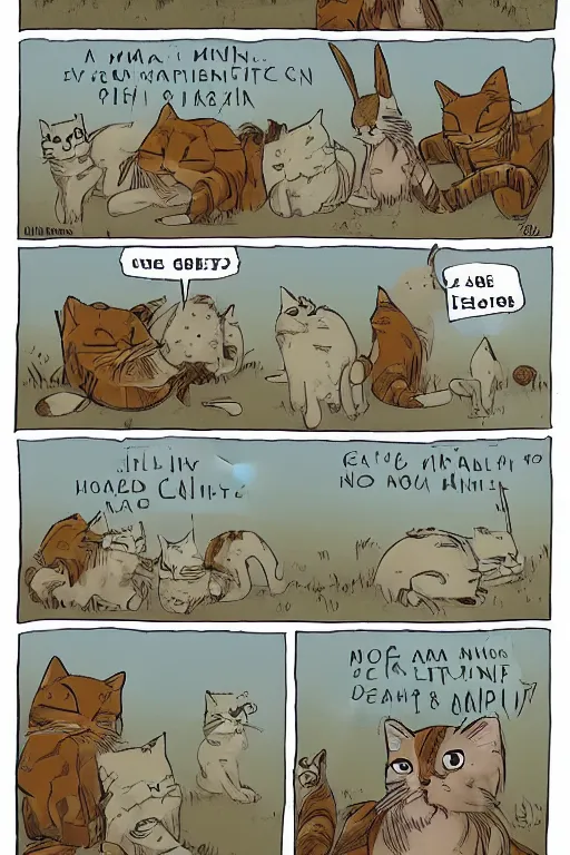 Image similar to a graphic novel comic about cats in a fantasy world, by mike holmes, webcomic, cartoon