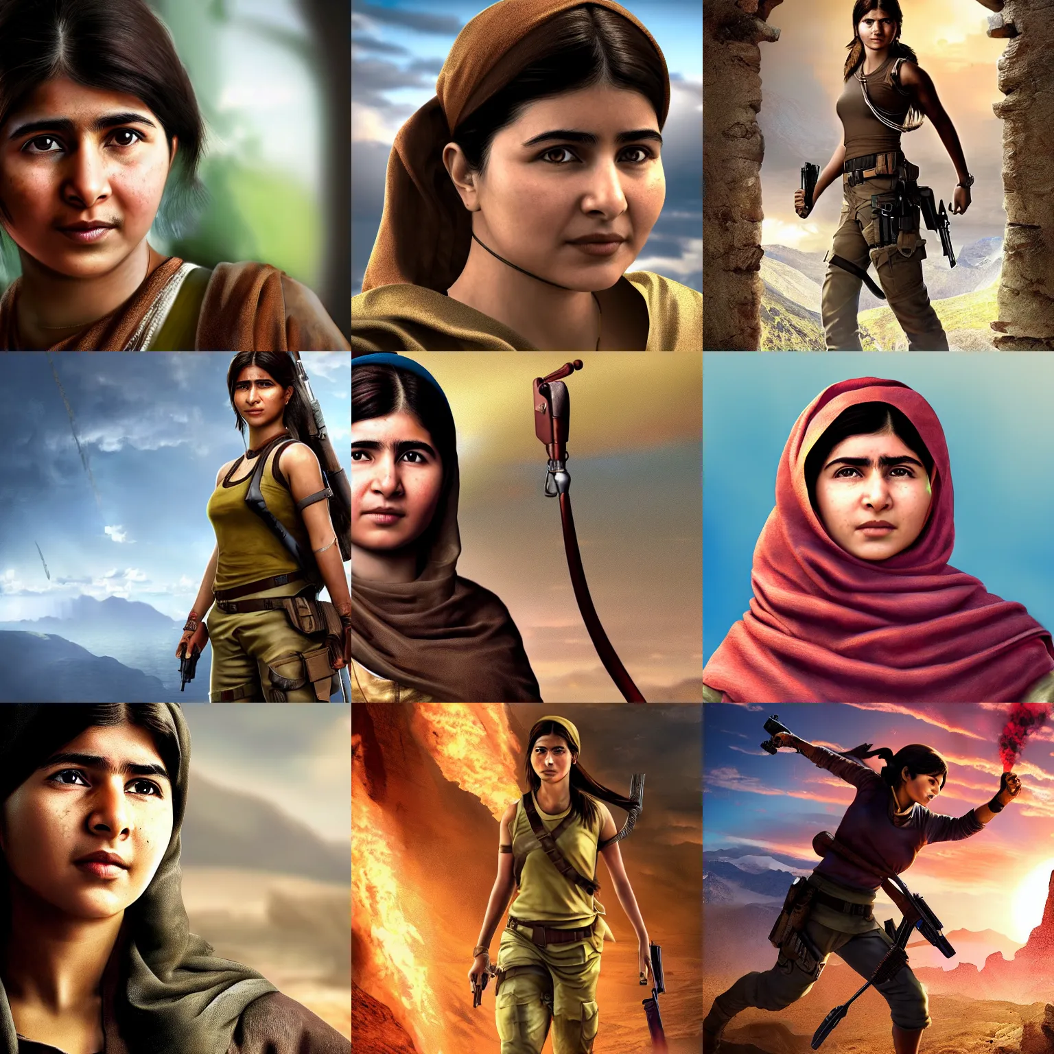 Prompt: Malala Yousafzai as Lara Croft, portrait, action hero, 4k