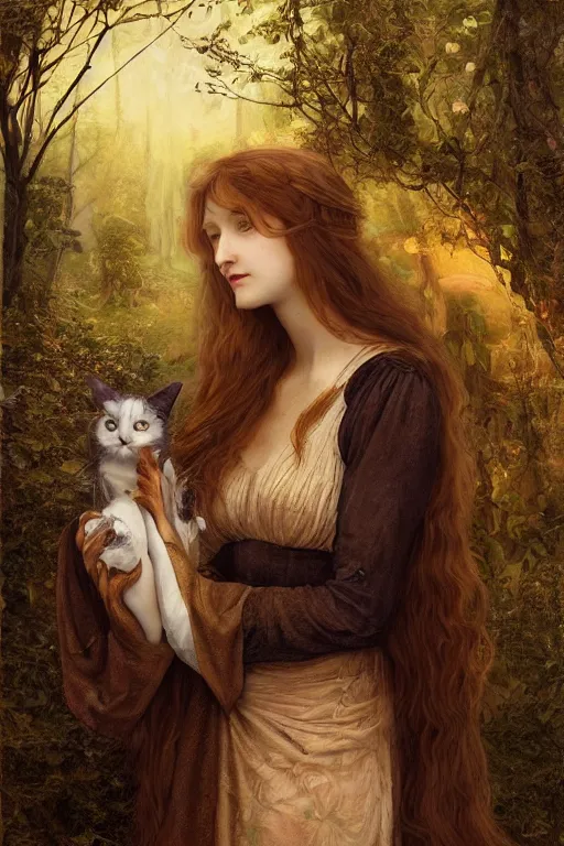 Image similar to A extremely beautiful pre-raphaelite portrait of a cute witch and her cat, surreal, ultradetailed, intricate, elegant, lithe, detailed, digital painting, artstation, concept art, smooth, sharp focus, illustration, ethereal, regal, award winning picture, extremely detailed masterpiece