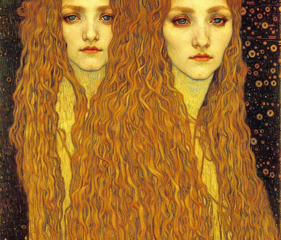 Image similar to detailed realistic beautiful young medieval queen face portrait by jean delville, gustav klimt and vincent van gogh, art nouveau, symbolist, visionary, gothic, pre - raphaelite, muted earthy colors, desaturated