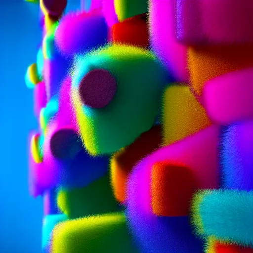 Image similar to : colorful abstract fuzzy sculpture on the wall in modern architecture, cinematic lighting, hyper - realistic, detailed, render by c 4 d octane, unreal engine, 8 k 3 d render