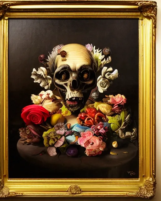 Image similar to refined gorgeous blended oil painting with black background by christian rex van minnen rachel ruysch dali todd schorr of a chiaroscuro portrait of an extremely bizarre disturbing mutated man made of still life flowers and rubber insects with shiny skin acne dutch golden age vanitas intense chiaroscuro cast shadows obscuring features dramatic lighting perfect symmetry perfect composition masterpiece