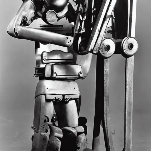 Prompt: photo. partially mechanical man. 1 9 4 2