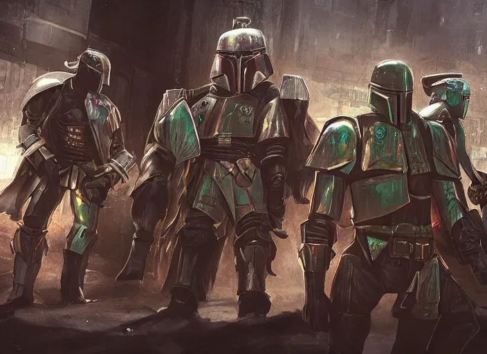 Image similar to a group of medieval cyberpunk knights in a scenic environment, armor inspired by blade runner and boba fett, cybernetic implants, beautiful digital art, action pose, epic lighting, epic composition, sharp focus