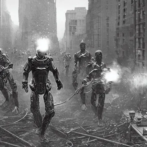 Image similar to grainy 1800s photo of a cybernetic warriors destroying buildings using energy balls in a smoky city