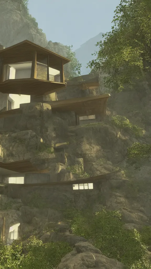 Image similar to a modernist house in the video game myst