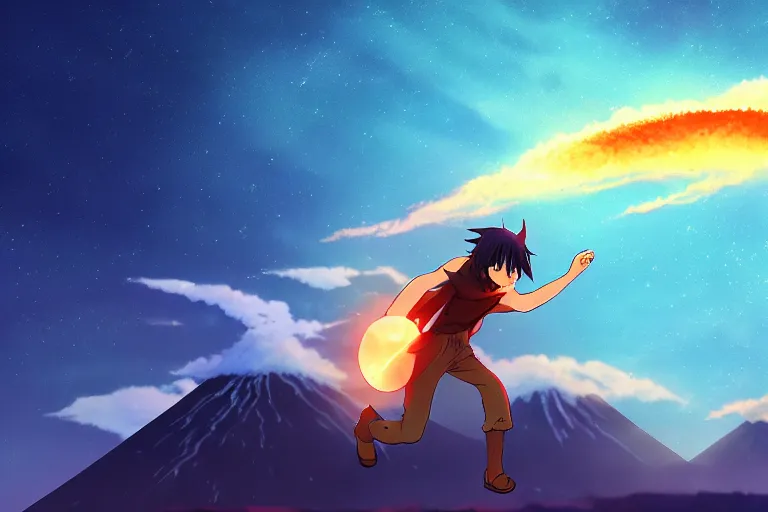 Image similar to levitating sorcerer, opening a shining portal, night sky, horizon of an erupting volcano, in the style of makoto shinkai