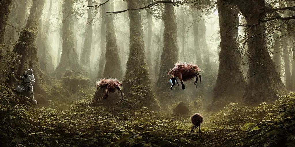 Image similar to an astronaut comes a across a furry spider - like creature in a forest, a detailed matte painting by frieke janssens, featured on cgsociety, space art, matte painting, matte drawing