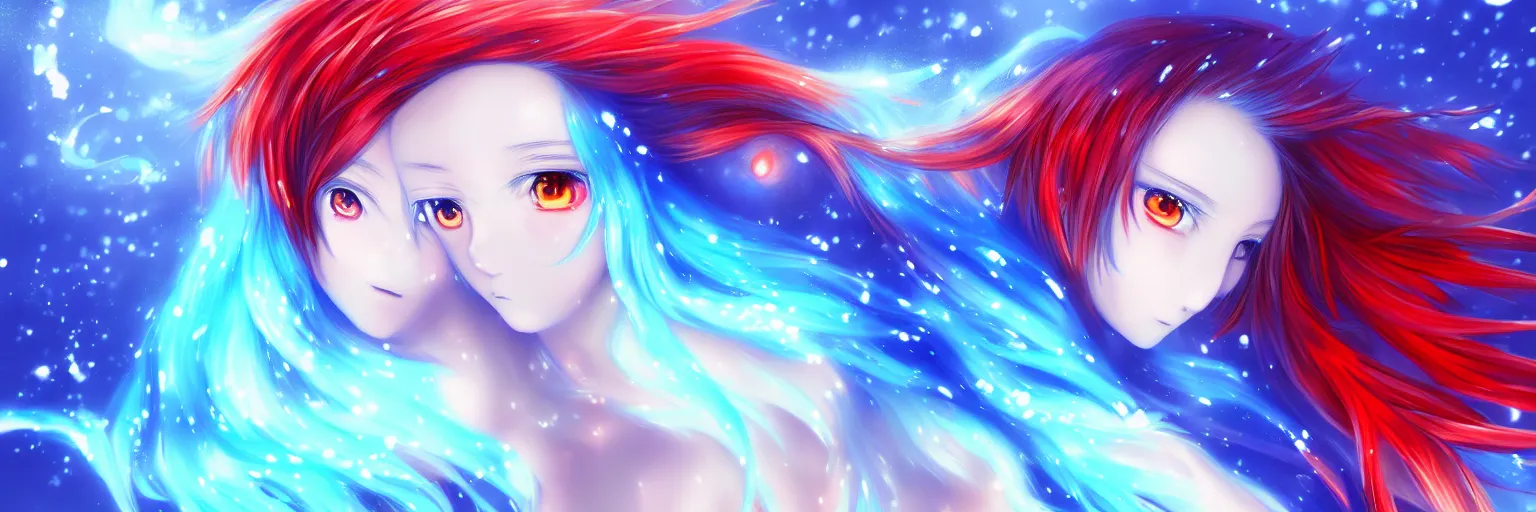 Image similar to advanced digital anime art, a very cute gorgeous teenage girl with a body made of fire and ice , full body, very long snow colored hair, sky blue highlights in hair, red fiery watery eyes, wearing a dress made of water, full round face, dramatic cinematic lighting, wideshot, highly intricately detailed, trending on pixiv, Artstation, painted by Rossdraws and the style of Sakimimichan