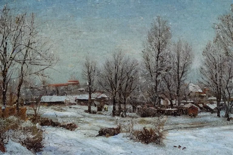 Image similar to russian village in spring with snow and mud, in style of Savrasov,