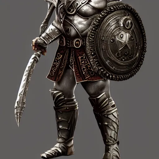 Image similar to realistic full body portrait of half orc cleric, dungeons and dragons, male, wearing eye shadow, ornate armor, shallow depth of field, highly detailed, dslr, volumetric lighting, dynamic pose, hyperrealism, highly textured