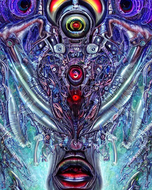 Image similar to silver cybernetic crystalized bloody fleshangel clockwork djinnhost bro psychedelic shiner of zune with extra eyes, blue and green rainbow ketamine, by antonio j. manzanedo, alex grey, android jones, wayne barlowe, philippe druillet, josephine wall, harumi hironaka, cronenburg, trending on artstation